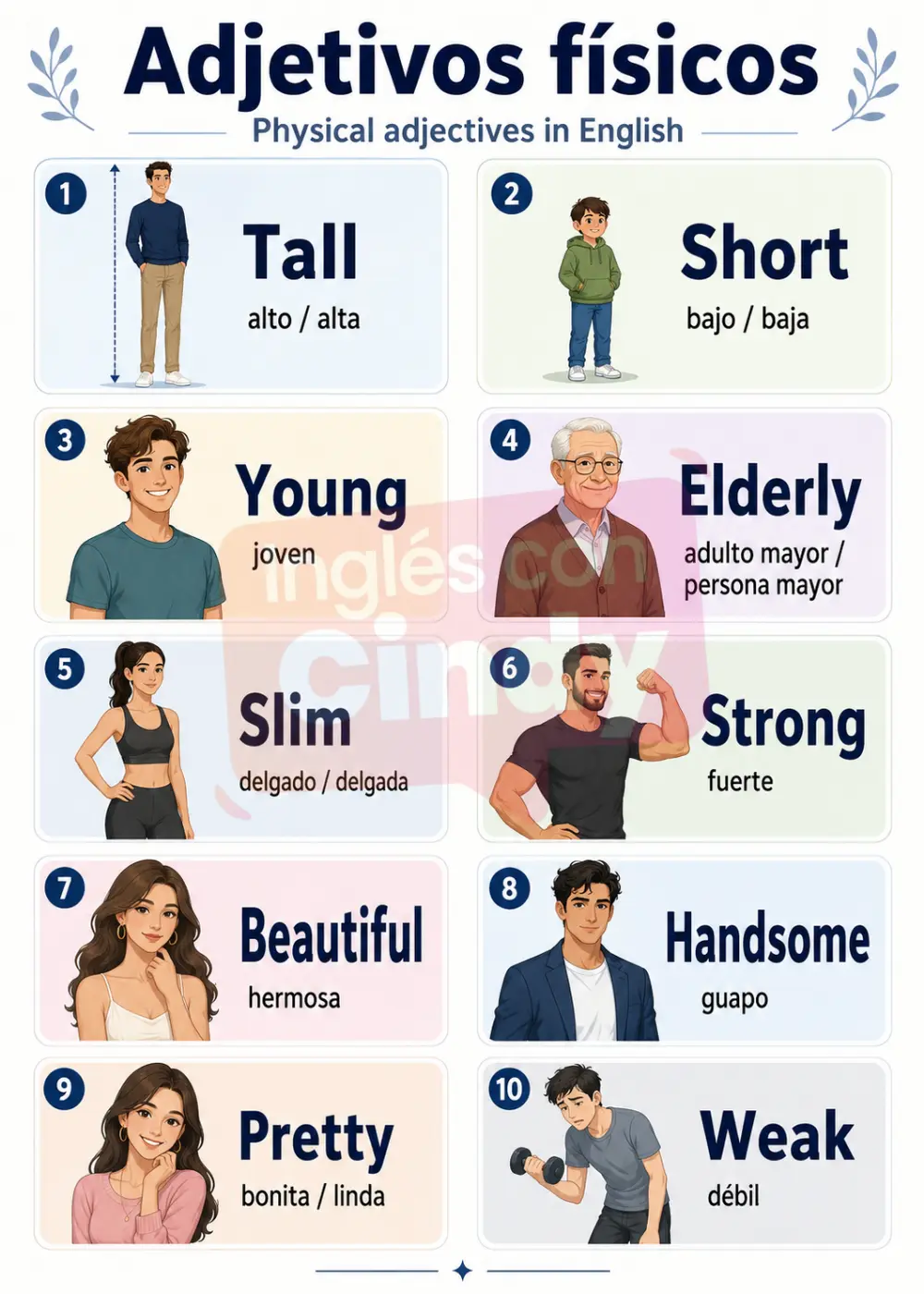 Infografía vertical de adjetivos físicos en inglés