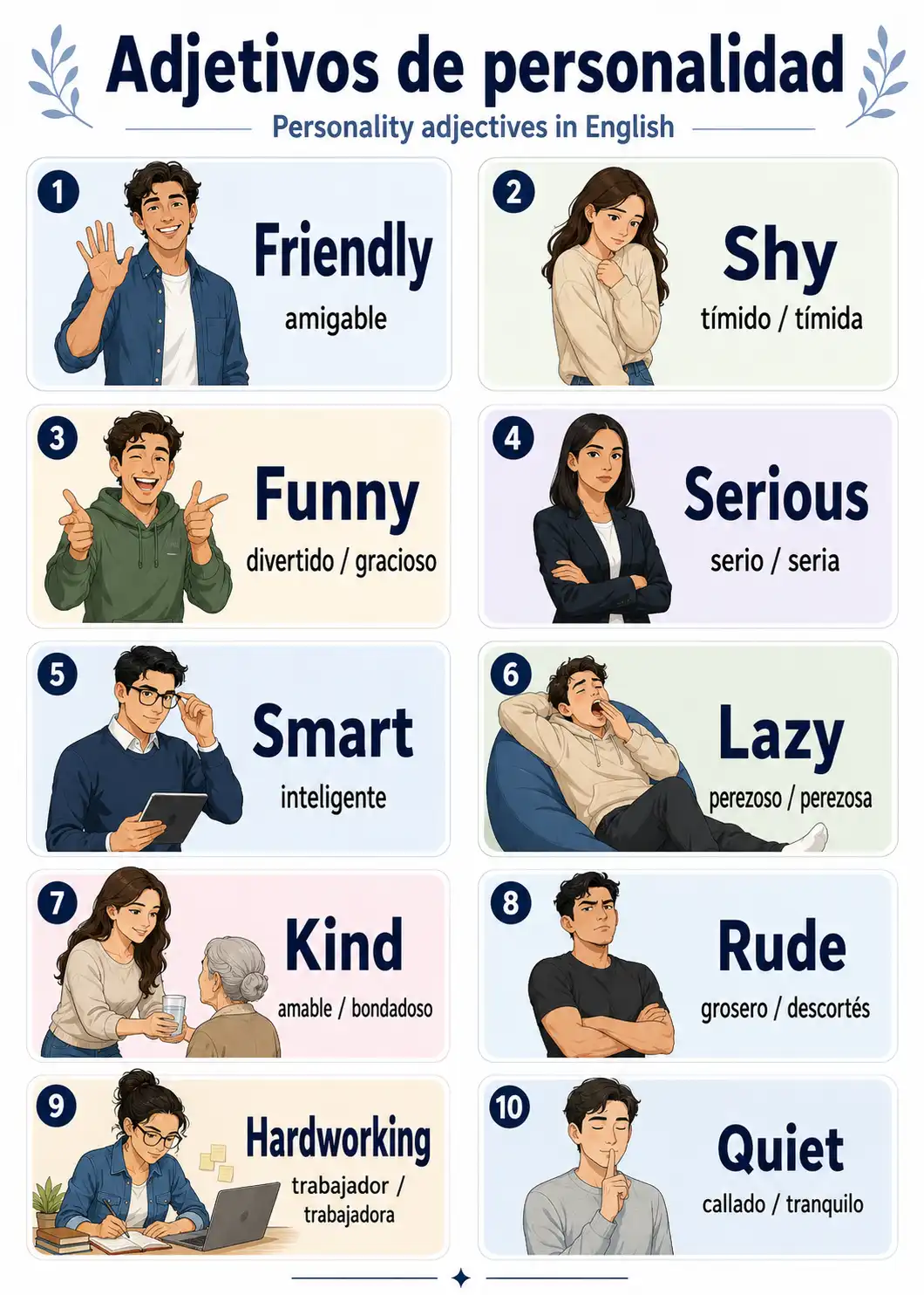Infografía vertical de adjetivos de personalidad en inglés