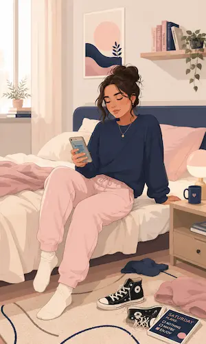Sophia sentada en su habitación mirando su teléfono