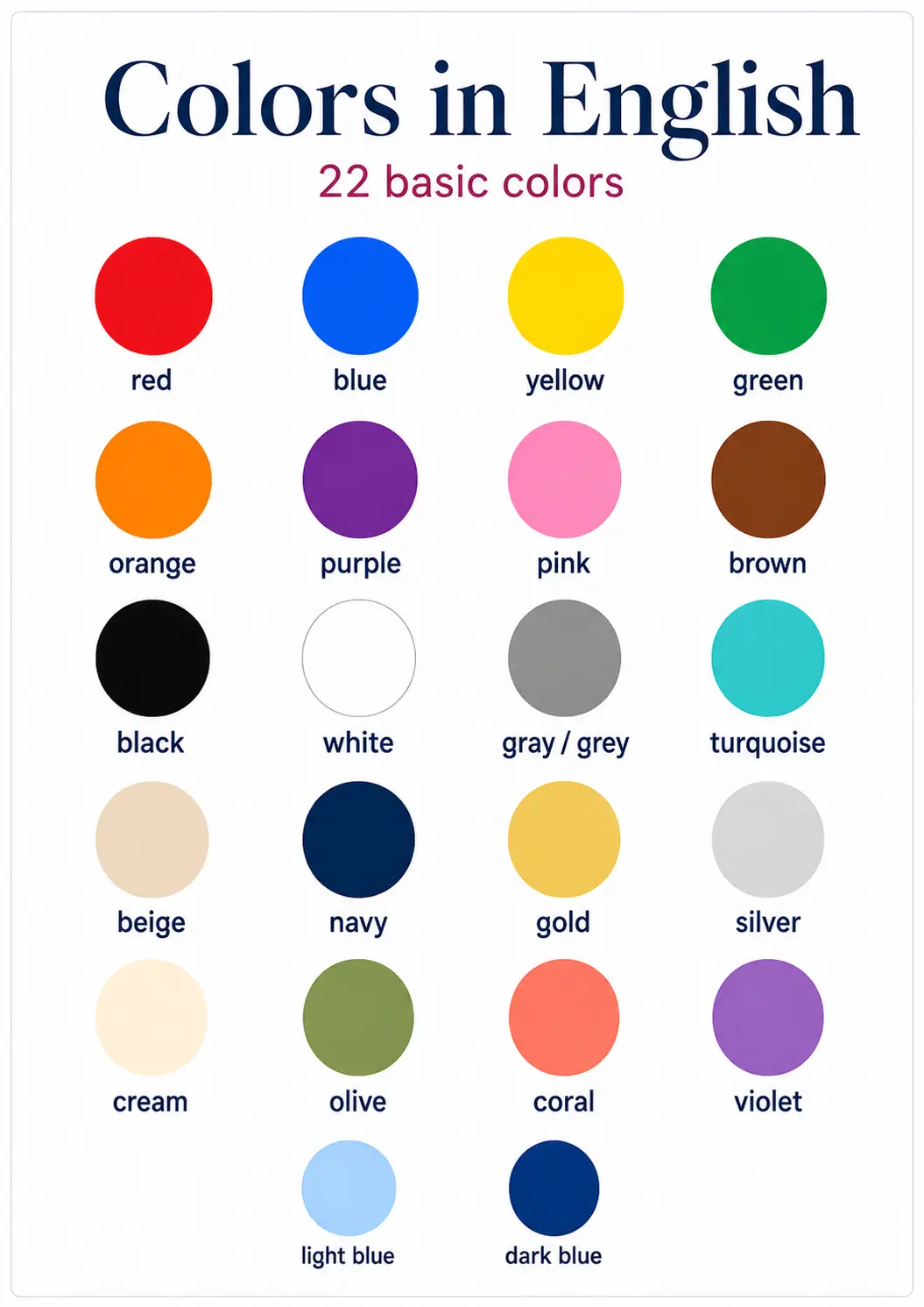 Infografía gratuita con 22 colores en inglés