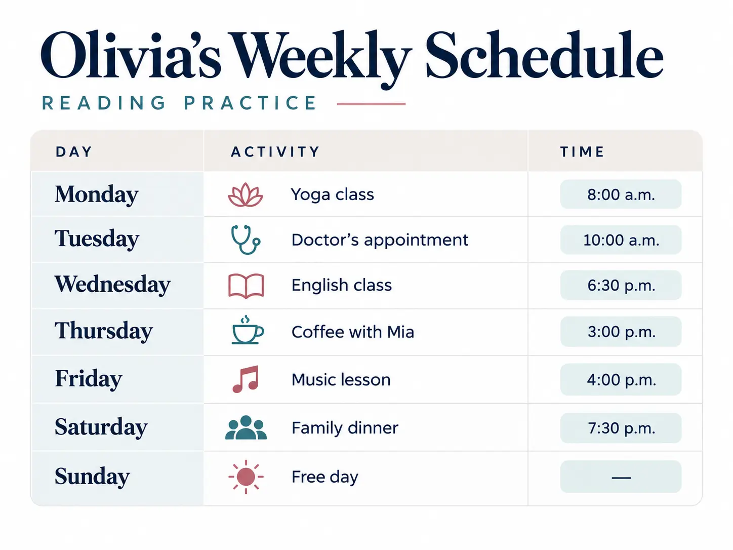 Olivia’s Weekly Schedule