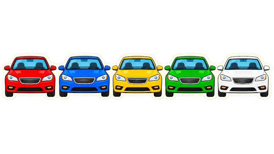 Five cars parked in a row: red, blue, yellow, green and white