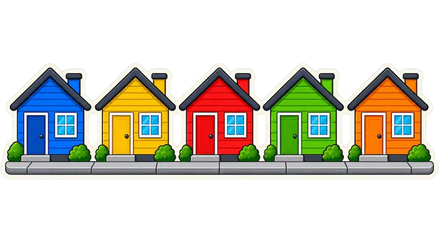 Five houses on a street: blue, yellow, red, green and orange