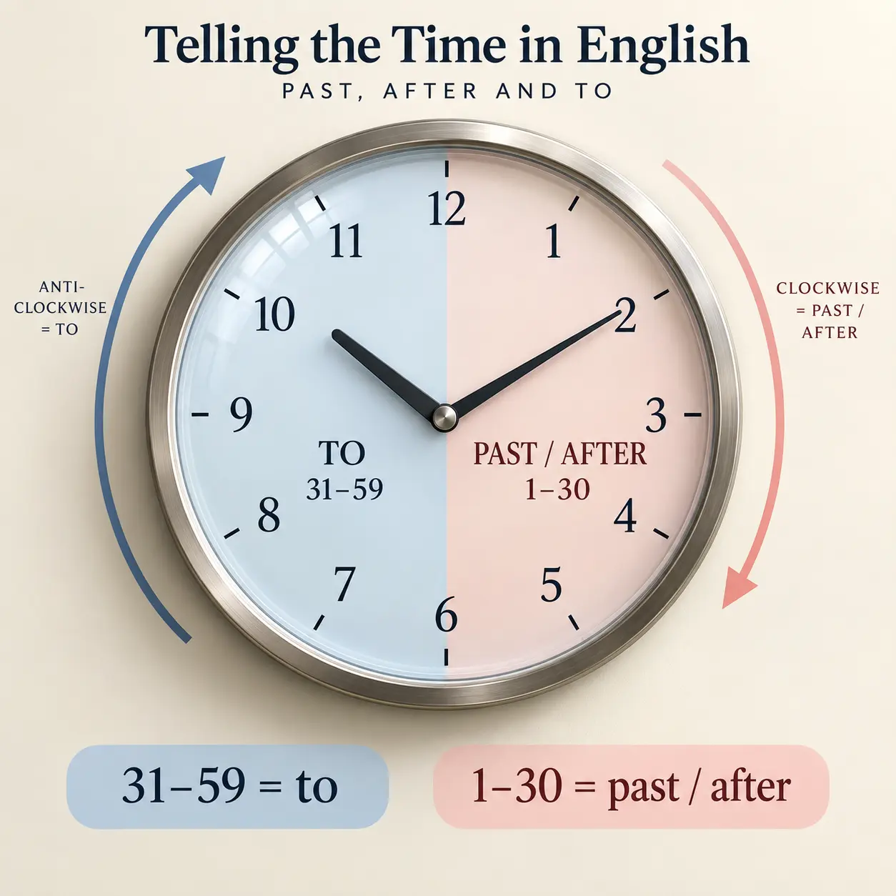 Reloj visual para entender after, past y to al decir la hora en inglés